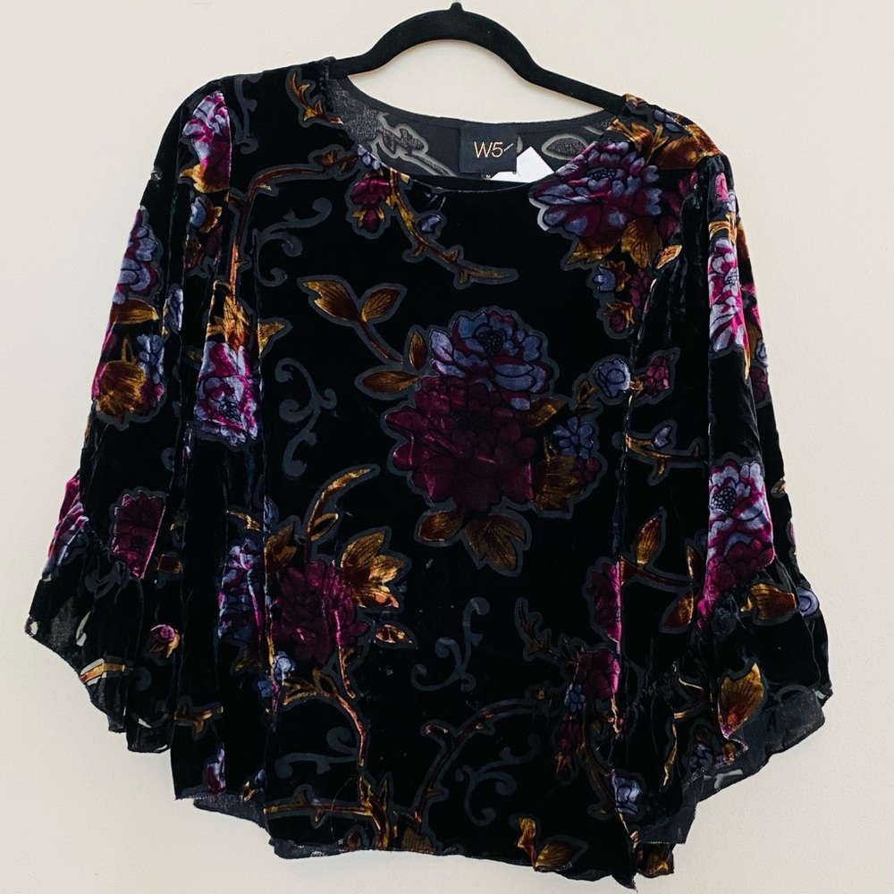 Velvet with Sheer Details 3/4 sleeve Blouse